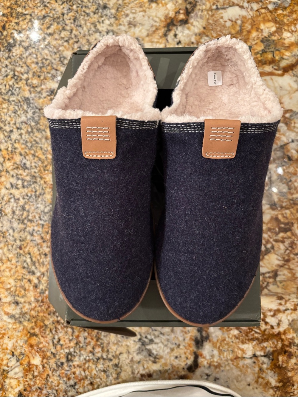 Timberland Navy Wool-Look Slip-On slippers with Tan Leather Trim